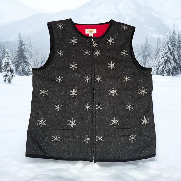 Talbots Black Sparkly Snowflake Christmas Holiday Zip Vest Women’s Sz Small Warm - Picture 1 of 9